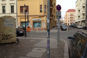 On the South-West corner of Linienstrasse and Gormannstrasse, looking North.